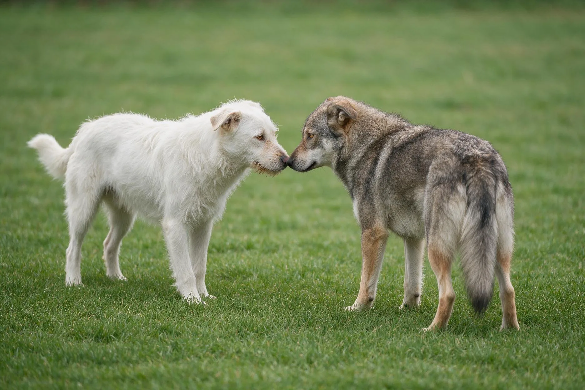 Weißer Hütehund und wolfsgrauer Hund begrüßen sich Nase an Nase