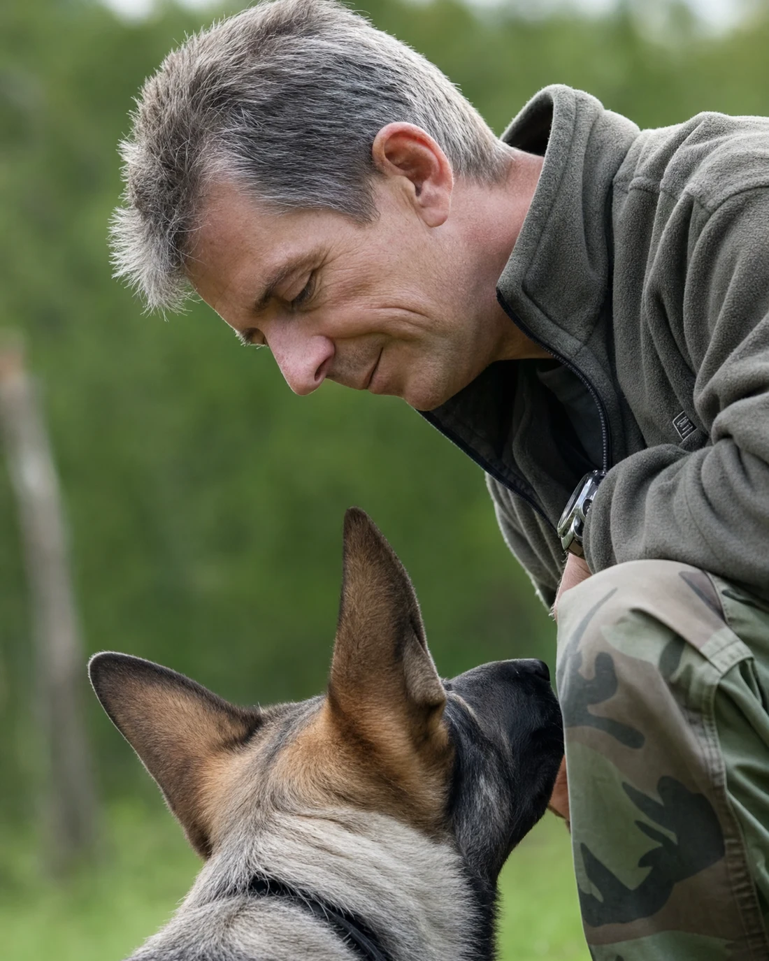 Thomas Bingen beugt sich zugewandt zu einem Schäferhund im Wald
