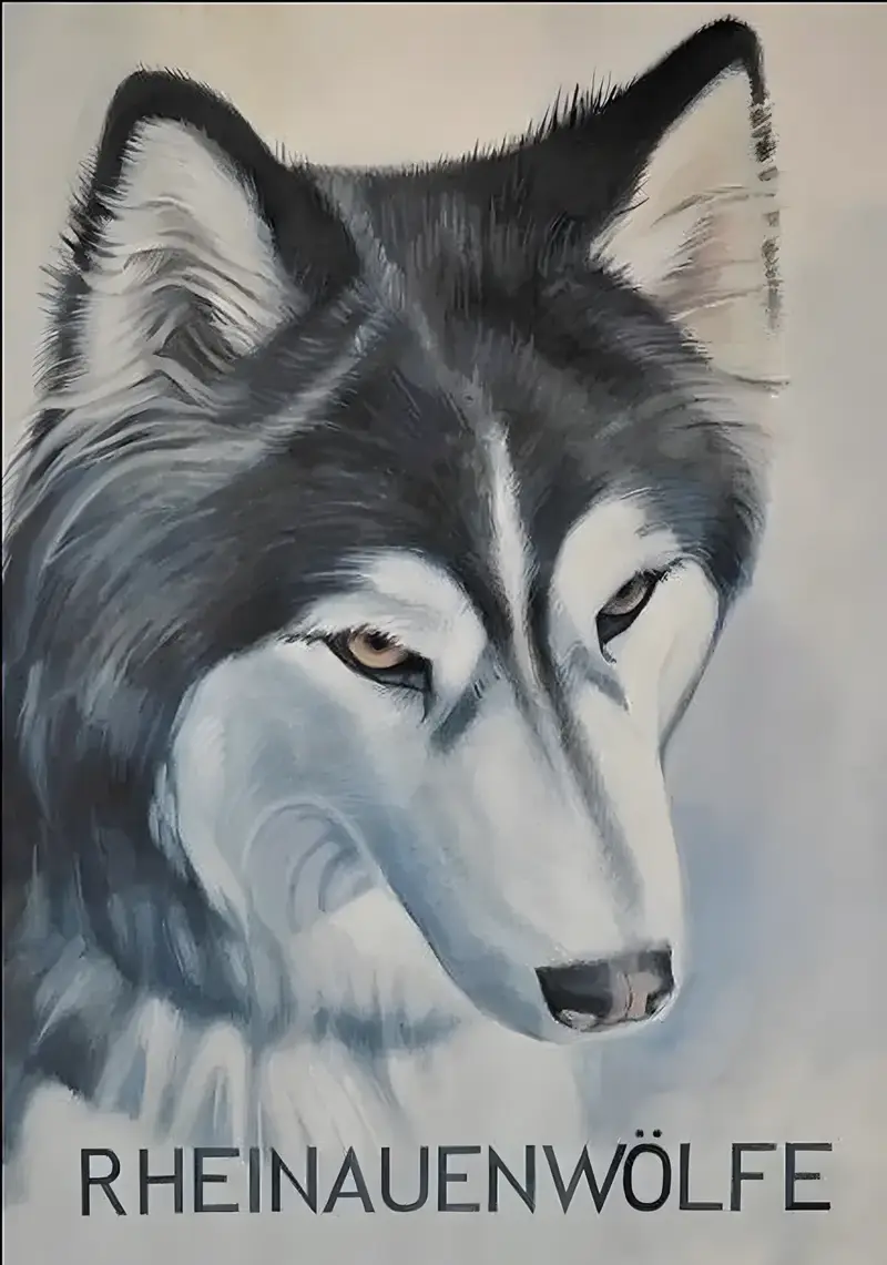 Handgemaltes Portrait eines grauen Wolfes, das Markenzeichen der Rheinauenwölfe